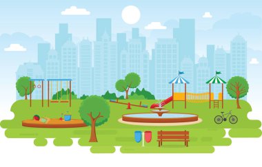 Kid Playground Oyun Ekipmanları İllüstrasyon ile Yaz Aylarında Şehir Parkı