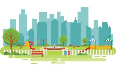 Kid Playground Oyun Ekipmanları İllüstrasyon ile Yaz Aylarında Şehir Parkı