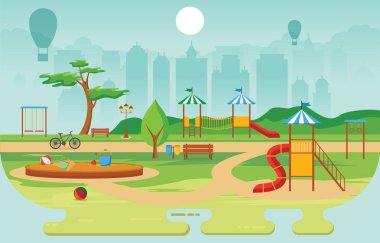 Kid Playground Oyun Ekipmanları İllüstrasyon ile Yaz Aylarında Şehir Parkı