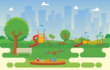 Kid Playground Oyun Ekipmanları İllüstrasyon ile Yaz Aylarında Şehir Parkı