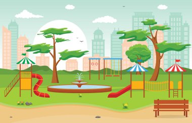Kid Playground Oyun Ekipmanları İllüstrasyon ile Yaz Aylarında Şehir Parkı