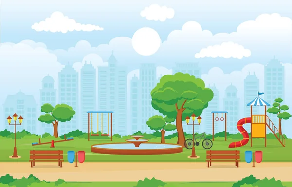 Parque de la ciudad en verano con juegos infantiles Equipo de juego Ilustración — Vector de stock