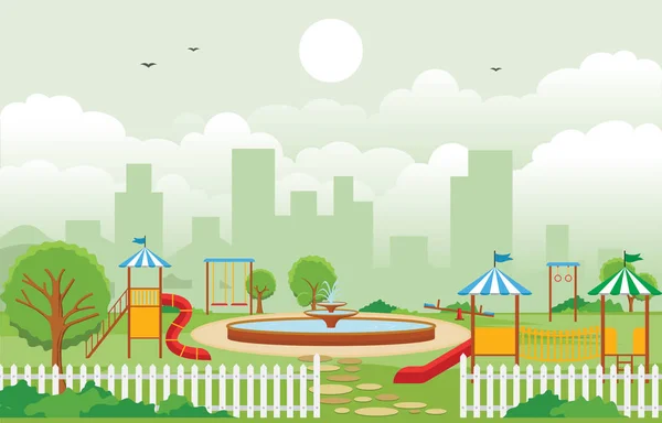 City Park in Summer with Kid Playground Playing Equipment Illustration — Stock Vector