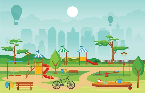 城市公园在夏天与儿童游乐场游戏设备插图 — 图库矢量图片
