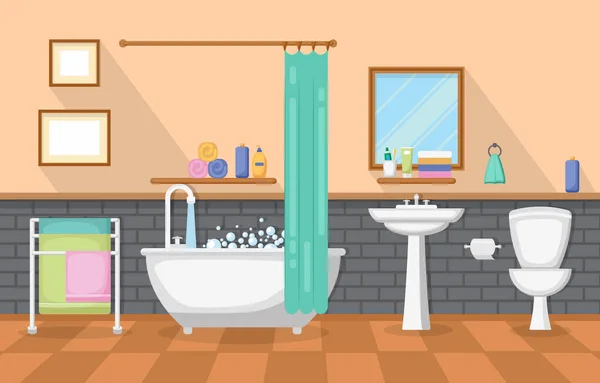 Classic Μπάνιο Εσωτερικό Καθαριότητα Δωμάτιο Ξύλινα Επίπεδη Επίπεδη Σχεδίαση — Διανυσματικό Αρχείο