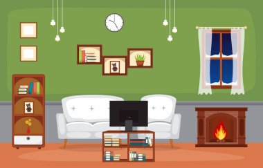 Şömine Oturma Odası Aile Evi Mobilya Vektörü İllüstrasyonu