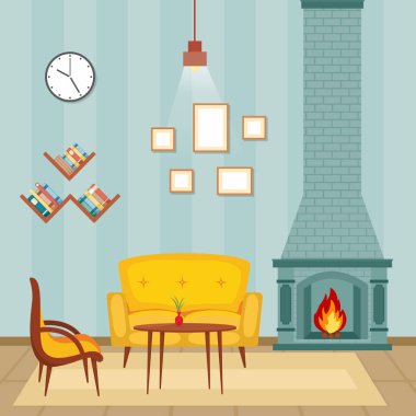 Şömine Oturma Odası Aile Evi Mobilya Vektörü İllüstrasyonu