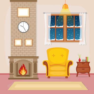 Şömine Oturma Odası Aile Evi Mobilya Vektörü İllüstrasyonu