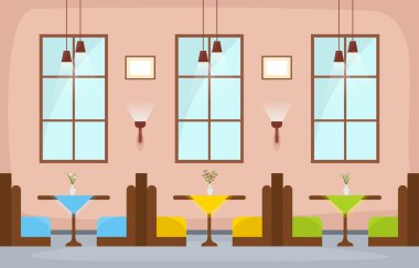 Modern Boş Kafe Restoranı İç Mobilya Düz Vektör İllüstrasyonu