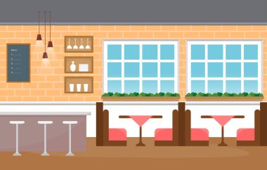 Modern Boş Kafe Restoranı İç Mobilya Düz Vektör İllüstrasyonu