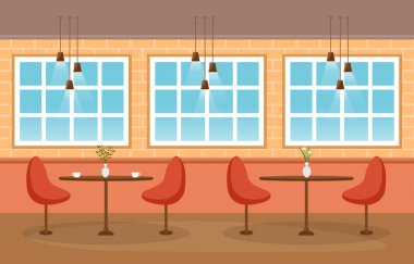 Modern Boş Kafe Restoranı İç Mobilya Düz Vektör İllüstrasyonu