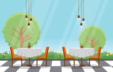 Modern Boş Kafe Restoranı İç Mobilya Düz Vektör İllüstrasyonu