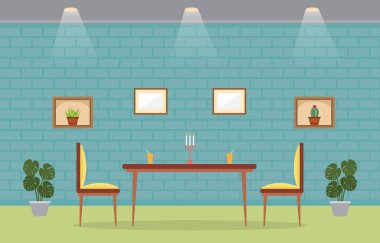 Modern Boş Kafe Restoranı İç Mobilya Düz Vektör İllüstrasyonu