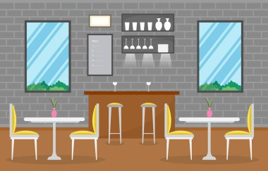 Modern Boş Kafe Restoranı İç Mobilya Düz Vektör İllüstrasyonu