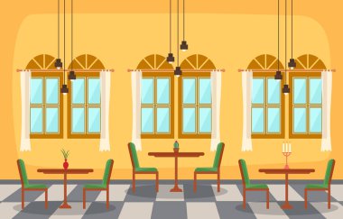 Modern Boş Kafe Restoranı İç Mobilya Düz Vektör İllüstrasyonu