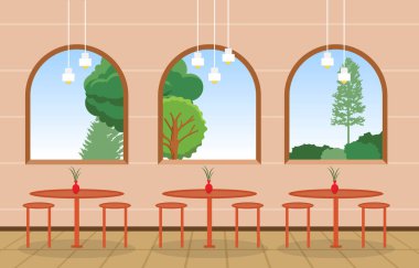 Modern Boş Kafe Restoranı İç Mobilya Düz Vektör İllüstrasyonu