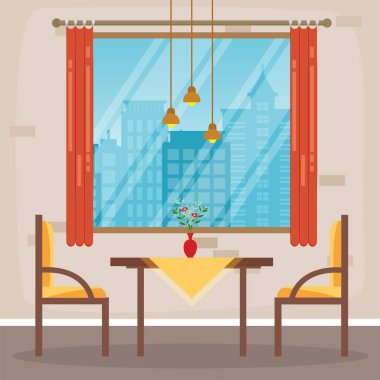 Modern Boş Kafe Restoranı İç Mobilya Düz Vektör İllüstrasyonu