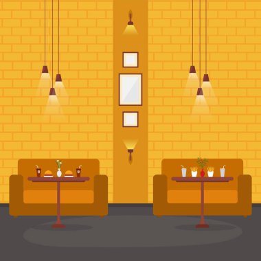 Modern Boş Kafe Restoranı İç Mobilya Düz Vektör İllüstrasyonu