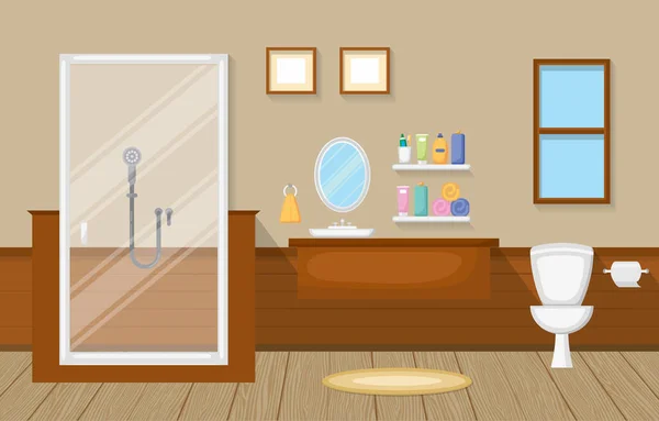 クラシックバスルームインテリアクリーンルーム木製アクセント家具フラットデザイン — ストックベクタ