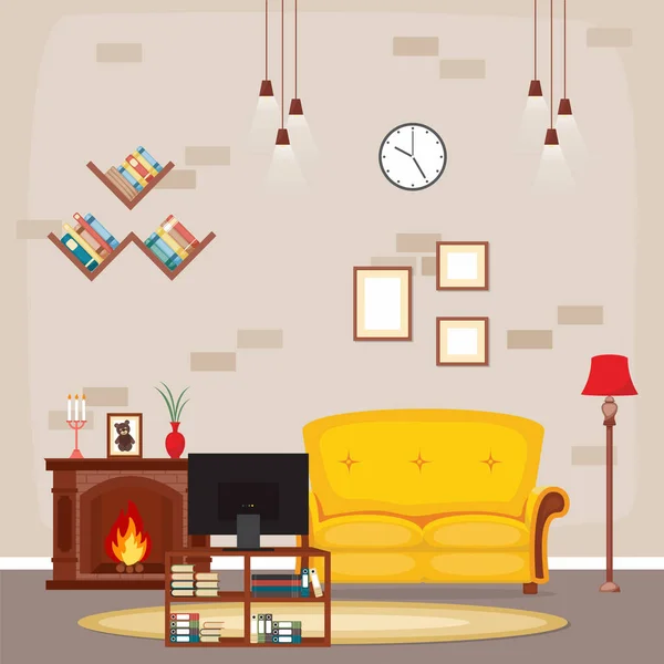 Fireplace Living Room Family House Interior Furniture Vector Illustration — Stock Vector