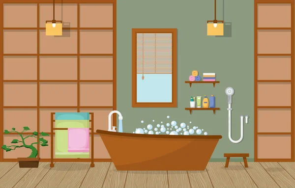 Baño Japonés Residencial Estilo Tradicional Madera Acento Ilustración Interior — Vector de stock