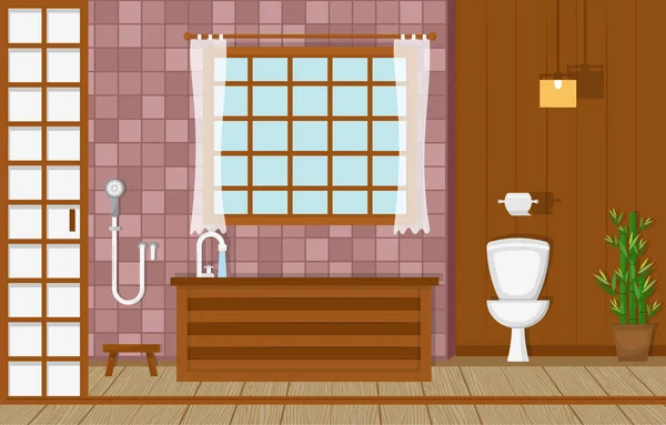日本の浴室住宅伝統的なスタイルの木アクセントインテリアイラスト — ストックベクタ