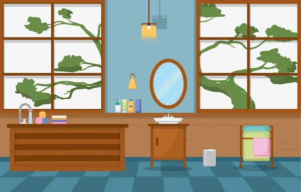 Japanisches Badezimmer Wohn Traditionellen Stil Holz Akzent Interieur Illustration — Stockvektor