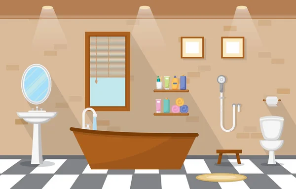 Japanese Bathroom Residential Traditional Style Wood Accent Interior Illustration - Stok Vektor