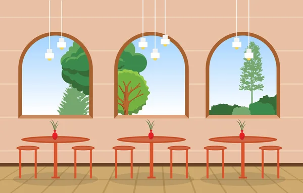 Moderno Vacío Café Restaurante Interior Muebles Plano Vector Ilustración — Vector de stock