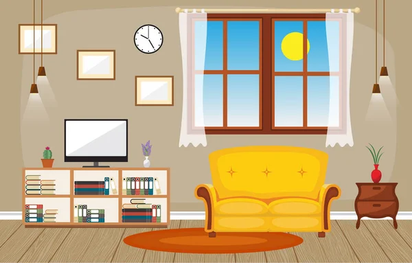 Modern Living Room Family House Interior Furniture Vector Illustration - Stok Vektor