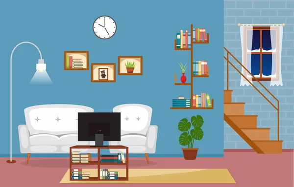 Moderní Obývací Pokoj Rodinný Dům Interiér Nábytek Vektorové Ilustrace — Stockový vektor