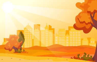 Güzel Şehir Parkı Sonbaharda Skyline Illustration binasıyla