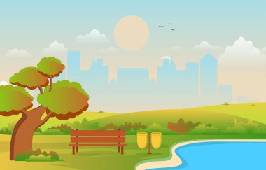 Güzel Şehir Parkı Sonbaharda Skyline Illustration binasıyla