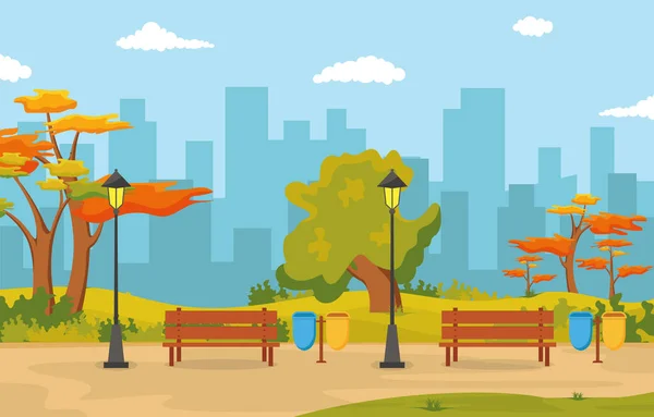 Hermoso Parque Ciudad Otoño Otoño Con Construcción Skyline Ilustración — Vector de stock