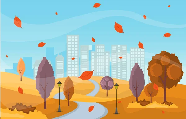 Schöner Stadtpark Herbst Herbst Mit Gebäude Skyline Illustration — Stockvektor
