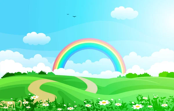 Beautiful Rainbow Sky with Green Meadow Mountain Nature Landscape Illustration