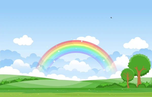 Beautiful Rainbow Sky Green Meadow Mountain Nature Landscape Illustration — стоковий вектор