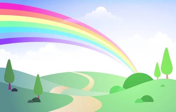 Schöner Regenbogenhimmel Mit Grünen Wiesen Berg Natur Landschaft Illustration — Stockvektor