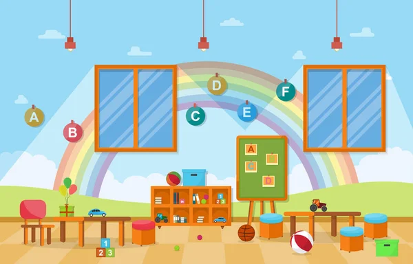 Νηπιαγωγείο Classroom Interior Παιδιά Παιδικά Παιχνίδια Σχολείο Έπιπλα Διάνυσμα Εικονογράφηση — Διανυσματικό Αρχείο