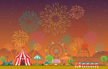 Lunapark Sirk Karnavalı Havai fişek Manzarası Çizimleriyle Eğlence Fuarı