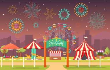 Lunapark Sirk Karnavalı Havai fişek Manzarası Çizimleriyle Eğlence Fuarı