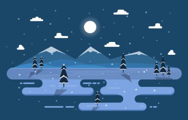 Pine Trees Dağı Basit Çizimleriyle Kış Sahnesi Kar Manzarası