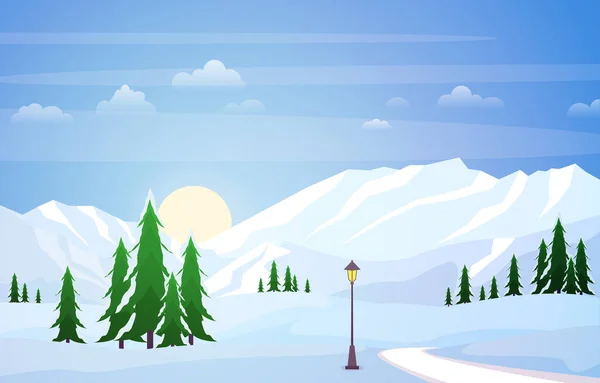 Winter Scene Snow Landscape Pine Trees Mountain Vector Illustration — Stock Vector