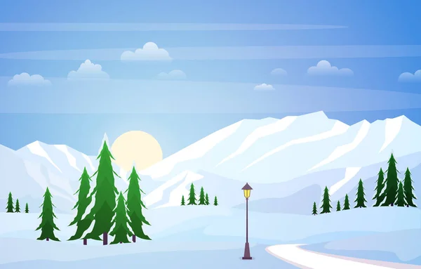 Escena Invierno Paisaje Nieve Con Pinos Montaña Vector Ilustración — Archivo Imágenes Vectoriales