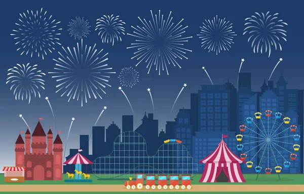 Vergnügungspark Circus Carnival Festival Kirmes Mit Feuerwerk Landschaft Illustration — Stockvektor