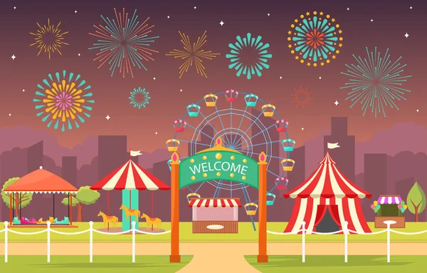 Vergnügungspark Circus Carnival Festival Kirmes Mit Feuerwerk Landschaft Illustration — Stockvektor