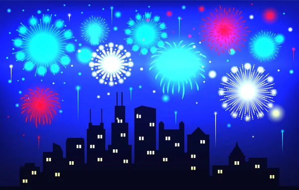 Colorido Brillantemente Hermosos Fuegos Artificiales Cielo Nocturno Ciudad Vector Ilustración — Vector de stock