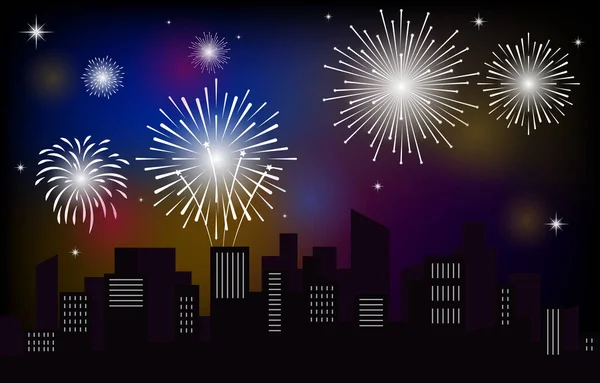 Colorido Brillantemente Hermosos Fuegos Artificiales Cielo Nocturno Ciudad Vector Ilustración — Archivo Imágenes Vectoriales