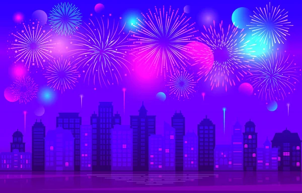 Colorido Brillantemente Hermosos Fuegos Artificiales Cielo Nocturno Ciudad Vector Ilustración — Archivo Imágenes Vectoriales