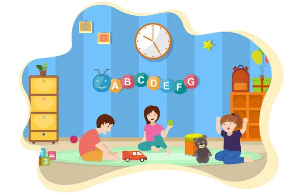 Niños Jugar Juguetes Kindergarten Aula Interior Niños Mobiliario Escolar Vector — Archivo Imágenes Vectoriales